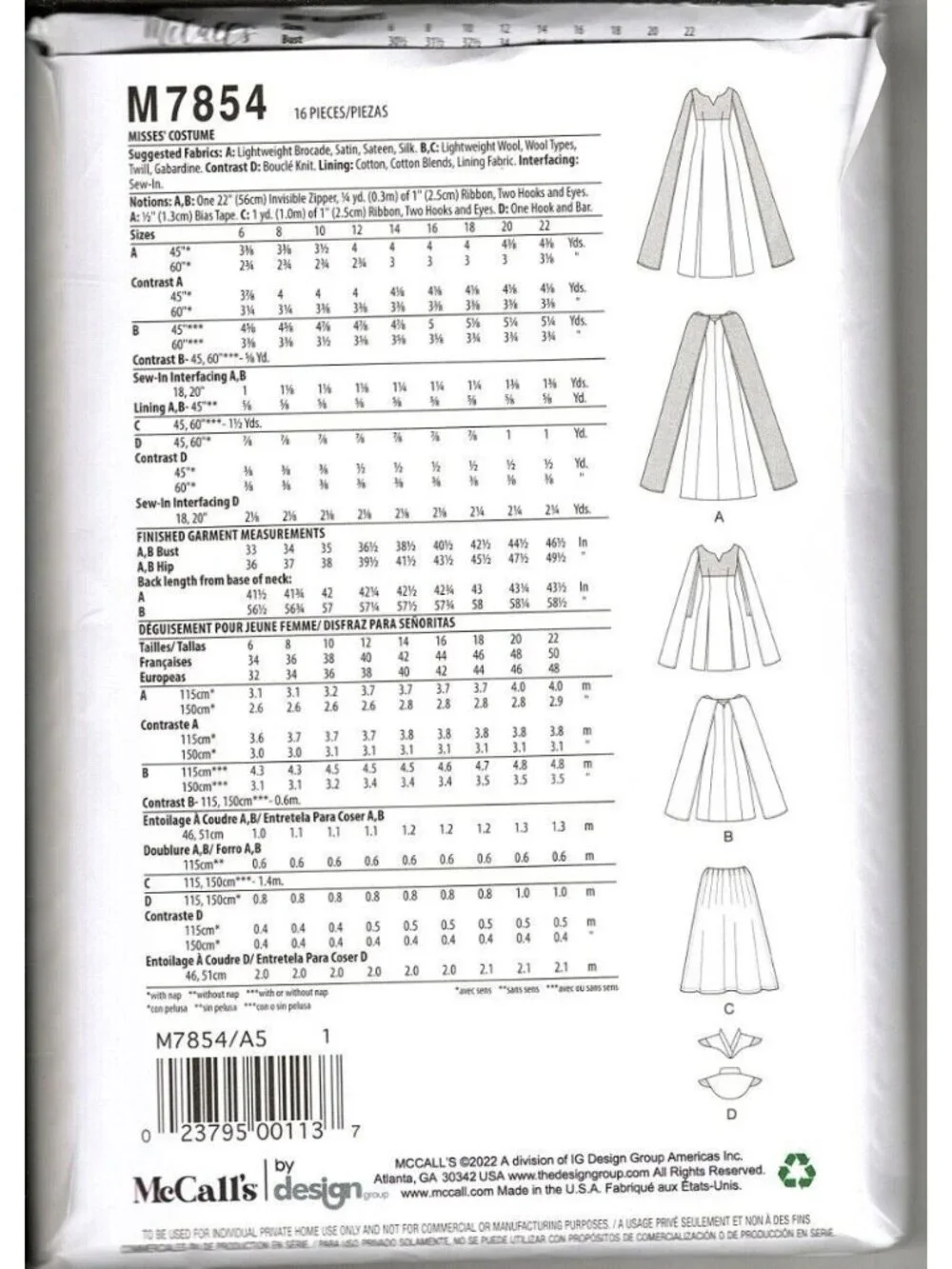 McCalls M7854 6 to 14 Costume Dress Cloak Cosplay Steampunk Uncut Sewing Pattern